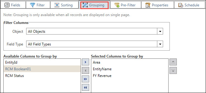 Create a new search - Grouping tab