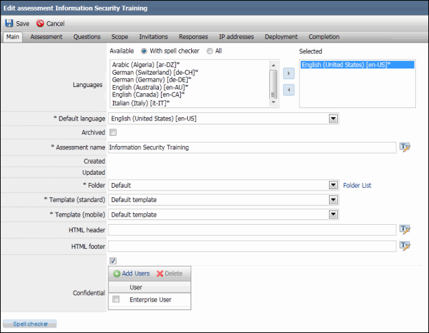 AP 4.0 - Add a Survey - Main Tab - Standard Assessment